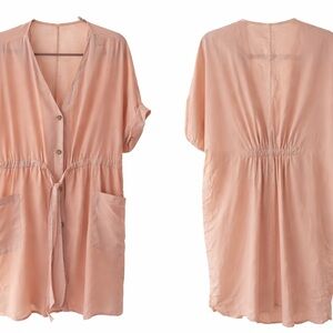 Zara Peach Boho Button-Front Dress – Size Large – Pockets, Tie Waist